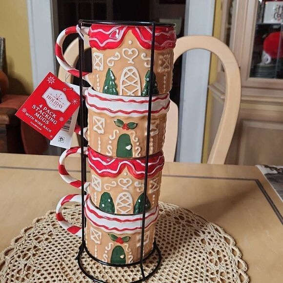 Holiday Time Gingerbread House Glazed Ceramic Mugs with Wire Rack 12 oz … - Picture 1 of 3